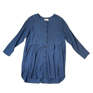 FLAX Jeanne Engelhart Blue Button Front Pintuck Tunic‎ Jacket Artsy Lagenlook M